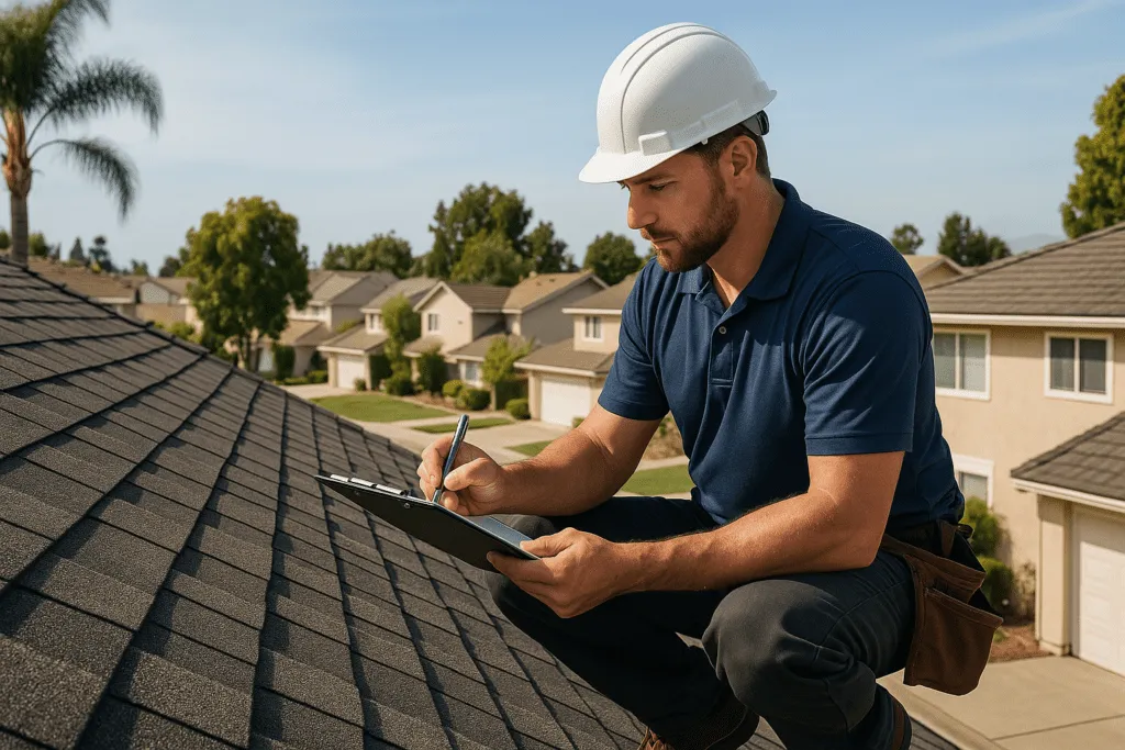 A professional roofer inspecting a roof with a clipboard, surrounded by residential homes in a suburban California neighborhood