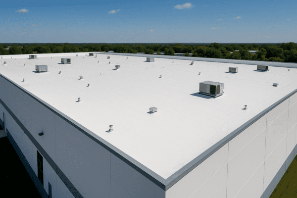 Aerial view of a large commercial flat roof with TPO membrane on a modern warehouse building, sunny day with blue sky