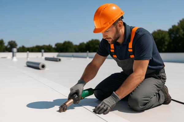 A professional roofer installing TPO membrane on a flat commercial roof on a sunny day