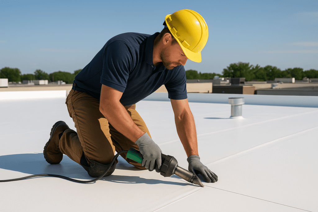 A professional roofer installing TPO membrane on a flat commercial roof on a sunny day