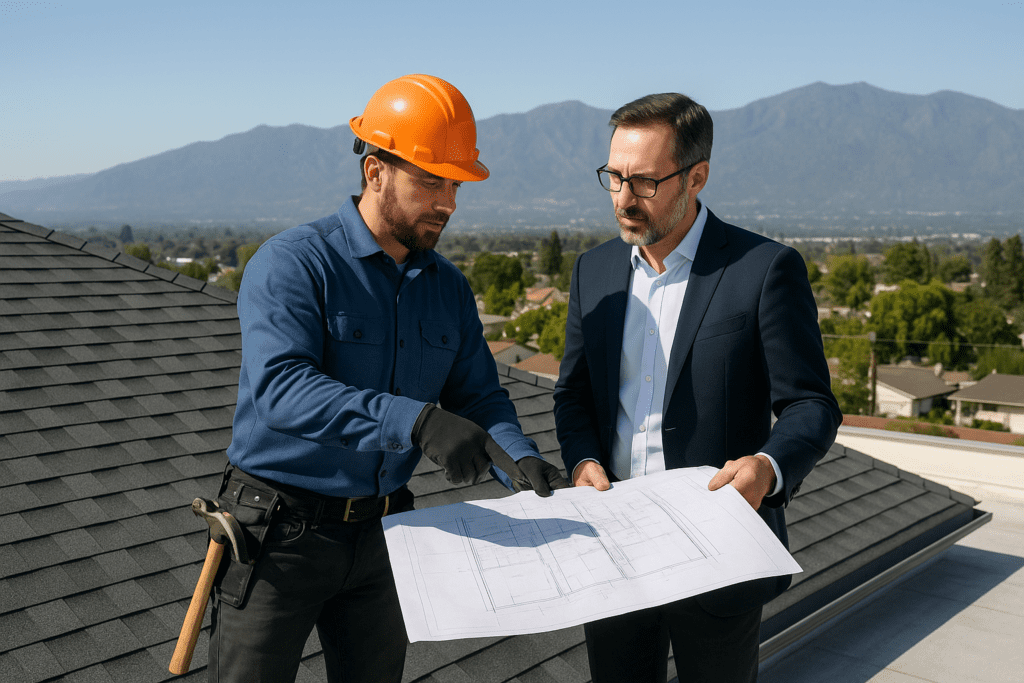 A professional roofer discussing roofing plans with a business owner on a rooftop with the San Gabriel Valley in the background
