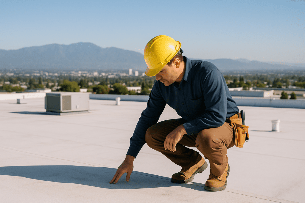 A professional roofer inspecting a large flat commercial roof with the cityscape of the San Gabriel Valley in the background on a clear day