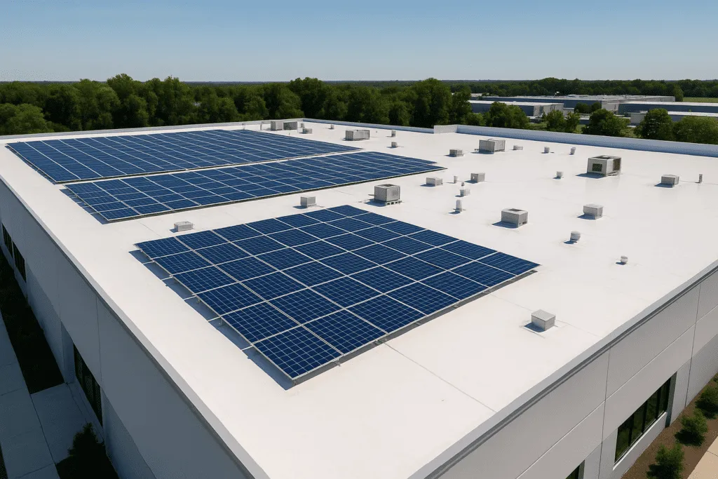 Aerial view of a large commercial building with solar panels and reflective white roofing under clear skies