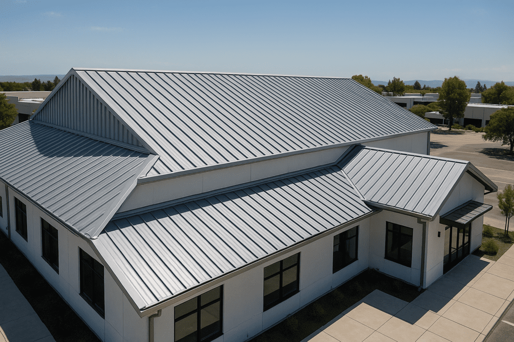 Aerial view of a commercial building with a metal roof, showcasing its modern design and durability under the California sun