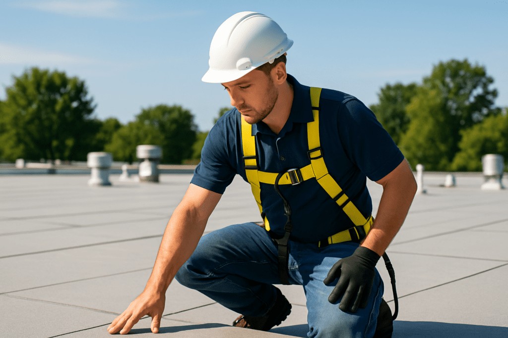 A professional roofer wearing a safety harness, inspecting a flat commercial roof on a sunny day