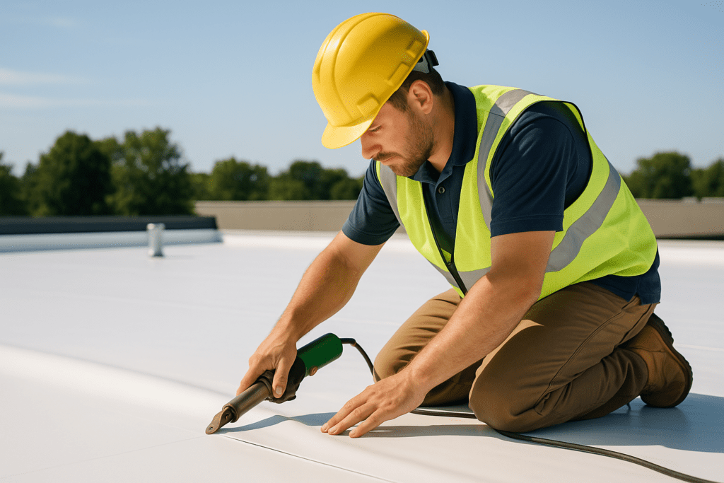 A professional roofer installing TPO membrane on a flat commercial roof on a sunny day
