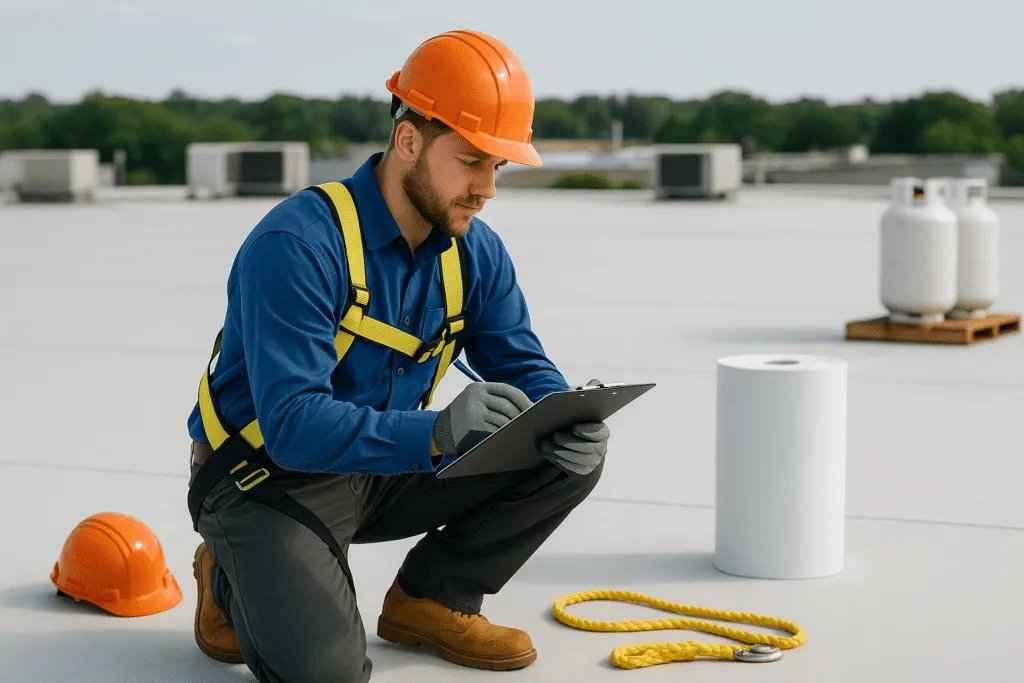 A professional roofer examining a large commercial roof with a clipboard, surrounded by safety equipment and materials