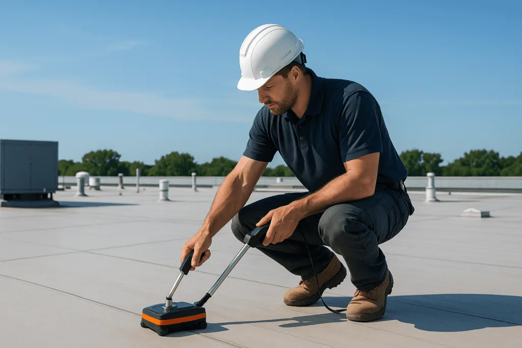 A professional roofer inspecting a large commercial flat roof with specialized equipment on a sunny day