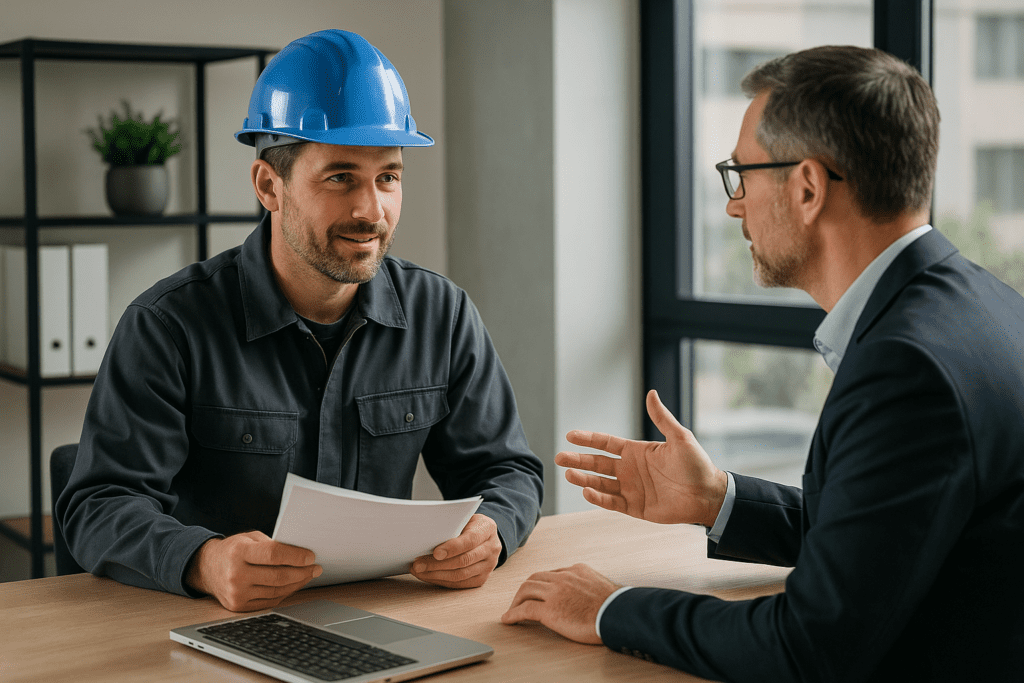 A professional roofer discussing financing options with a business owner in a modern office setting