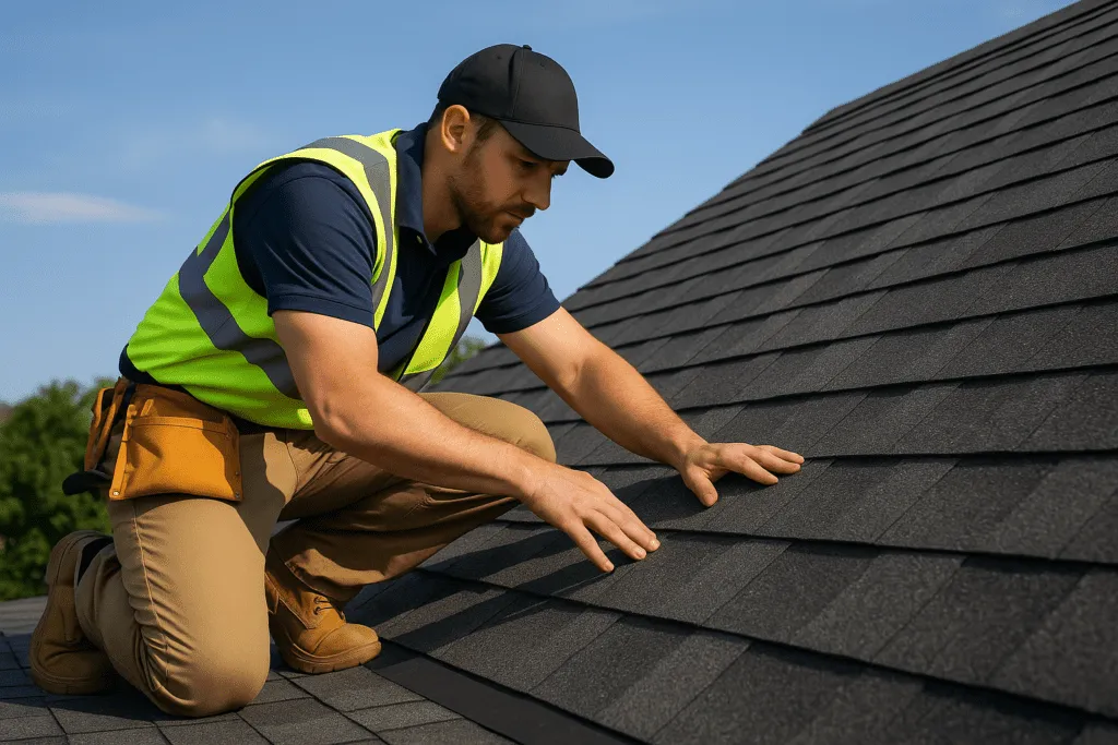 A professional roofer inspecting a newly installed roof for proper alignment and sealing on a sunny day