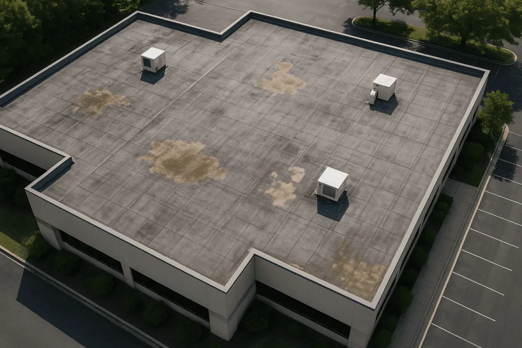 An aerial view of a large commercial building with visible roof wear and tear, including discolored patches and debris accumulation