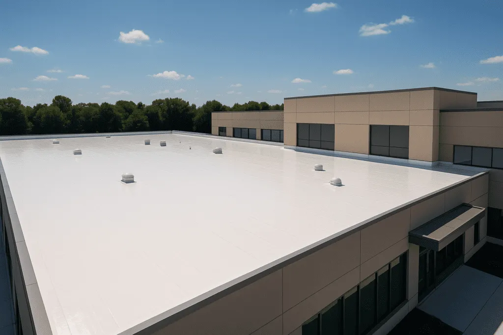 A panoramic view of a modern commercial building with a solar reflective roofing system on a sunny day