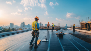 Roof Repair Construction workers wearing safety gear stand on a rooftop with tools and equipment, overlooking a city skyline under a blue sky with clouds.