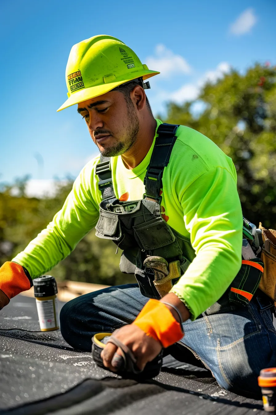 A clean-cut Latino male roofer wearing professional roofing gear, including a neon green long-sleeve high-visibility shirt with the RoofTitan logo prominently displayed. He is actively performing a roof repair using modern roofing tools on a commercial flat roof. The rooftop should clearly be flat and expansive, featuring typical elements such as HVAC units, drainage points, and safety barriers. The setting is bright and sunny, emphasizing the professionalism, safety, and precision of the repair work. Roofer is focused and skilled, surrounded by tools like a roofing torch, sealant buckets, and insulation panels.