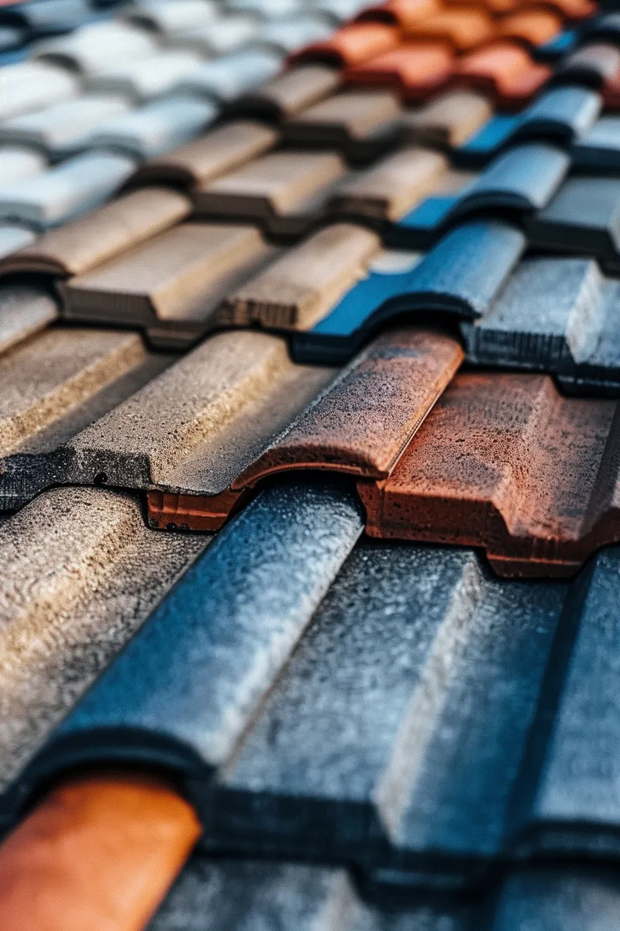 a detailed architectural close-up showcasing a variety of roof repair materials displayed on an urban rooftop, featuring asphalt shingles, metal panels, and tiles arranged methodically, captured in crisp focus with a clean color palette of blues, whites, and neutrals to emphasize the textures and patterns of each material.