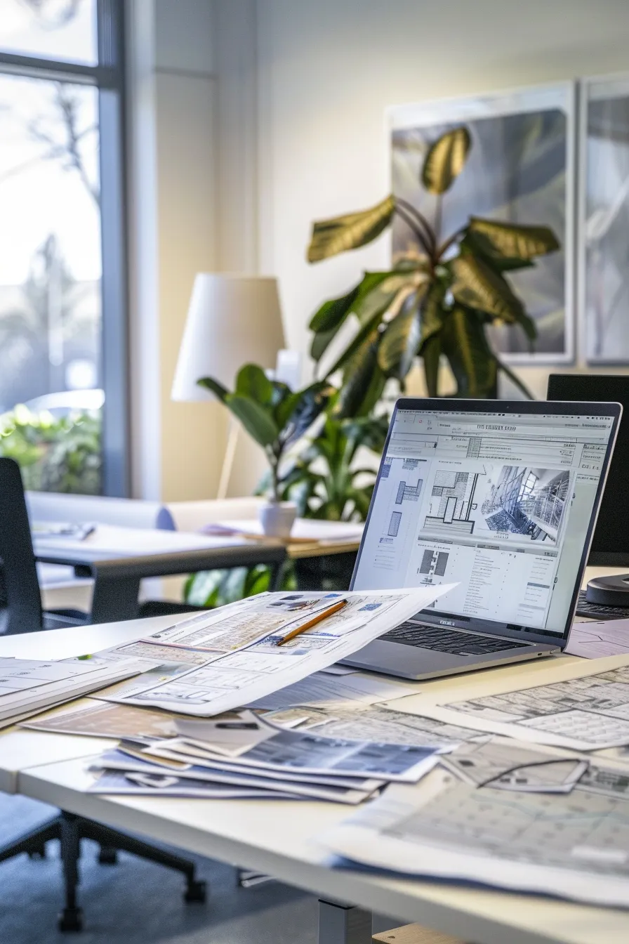 a detailed architectural office scene showcases a large, well-organized table covered with roofing material samples, technical diagrams, and a laptop displaying cost analysis, all bathed in soft natural light against a clean palette of blues and whites, emphasizing the complexity of roof repair pricing.