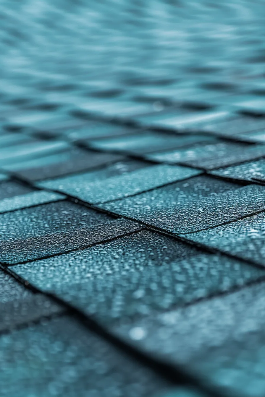 a detailed architectural view of a residential roof, showcasing various types of roofing materials and visible damage from harsh weather, illuminated by soft natural lighting, with a clean blue and white color palette to emphasize repair options and considerations for budgeting and professional services.
