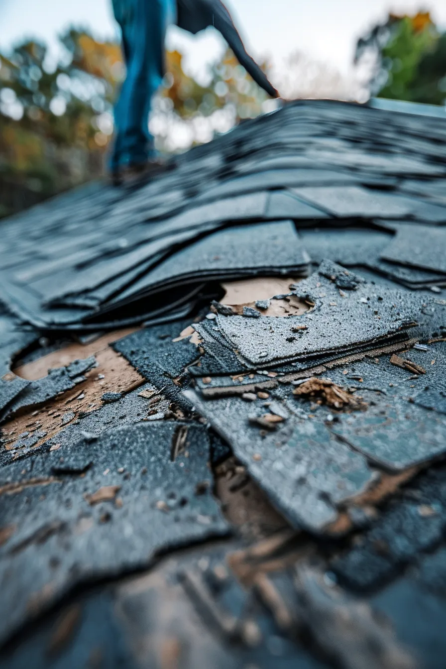 a detailed close-up of a homeowner inspecting a damaged roof with missing shingles, set against a clean, modern urban backdrop, capturing the urgency of necessary repairs with a crisp focus and a soft, airy color palette of blues and whites.