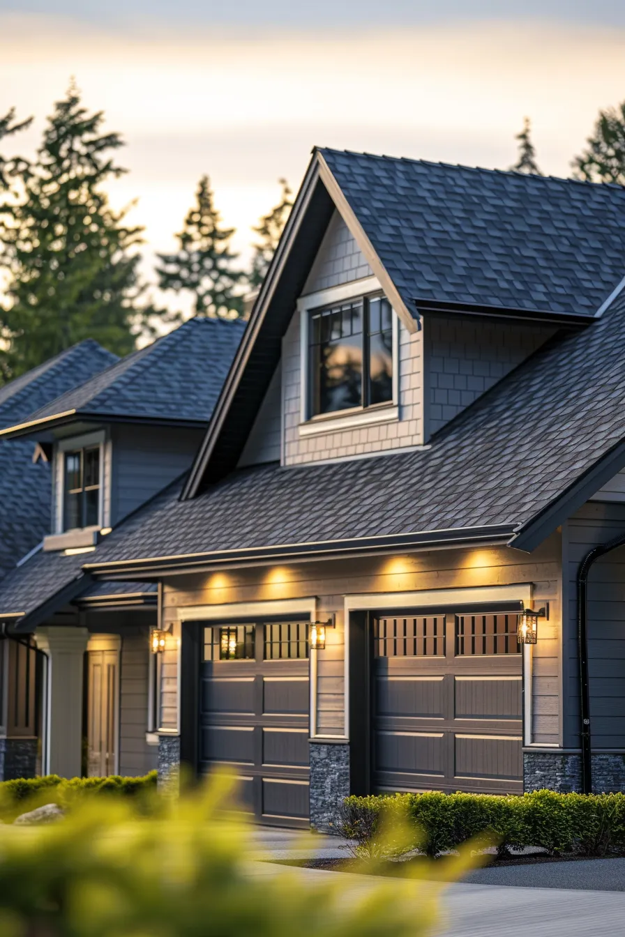 a detailed, photorealistic architectural illustration showcasing a modern home with a freshly repaired roof under soft, neutral-toned lighting, emphasizing the precision and quality of roofing work in a clean, professional environment.