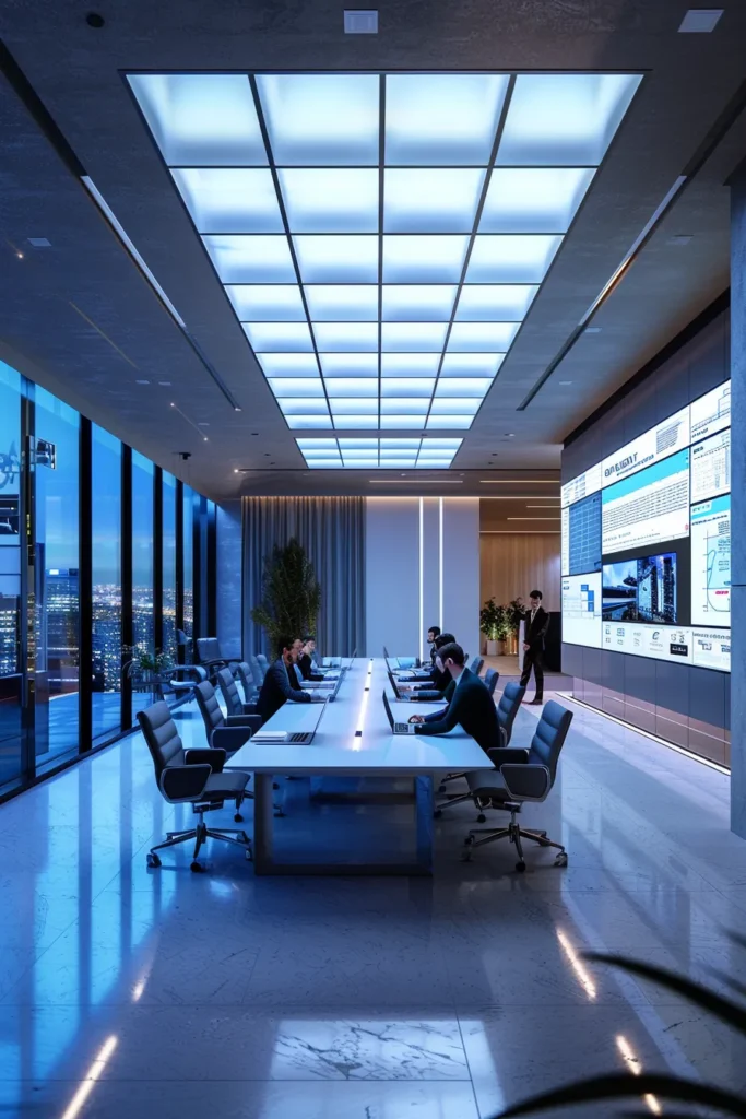 a high-detail architectural rendering of a modern office interior showcasing a team in a meeting, analyzing the costs of roof repair with digital blueprints displayed on sleek monitors, surrounded by a clean color palette of blues, whites, and neutral tones, illuminated by soft artificial lighting that emphasizes the professionalism of the environment.