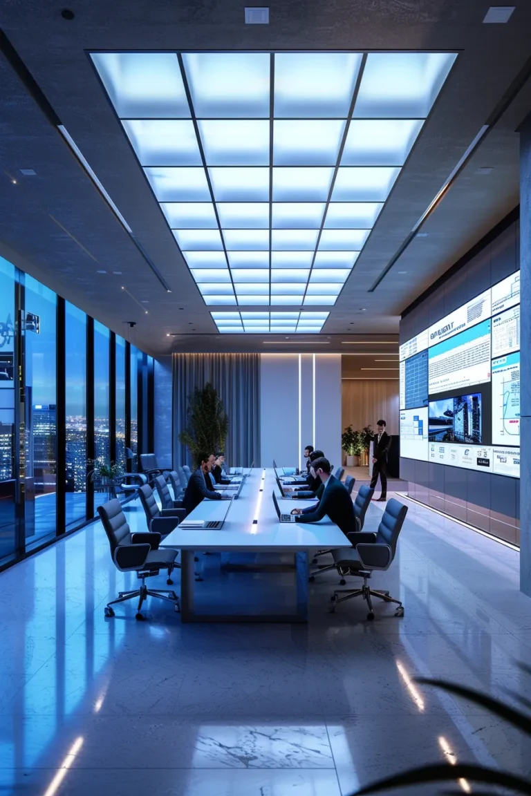 a high-detail architectural rendering of a modern office interior showcasing a team in a meeting, analyzing the costs of roof repair with digital blueprints displayed on sleek monitors, surrounded by a clean color palette of blues, whites, and neutral tones, illuminated by soft artificial lighting that emphasizes the professionalism of the environment.