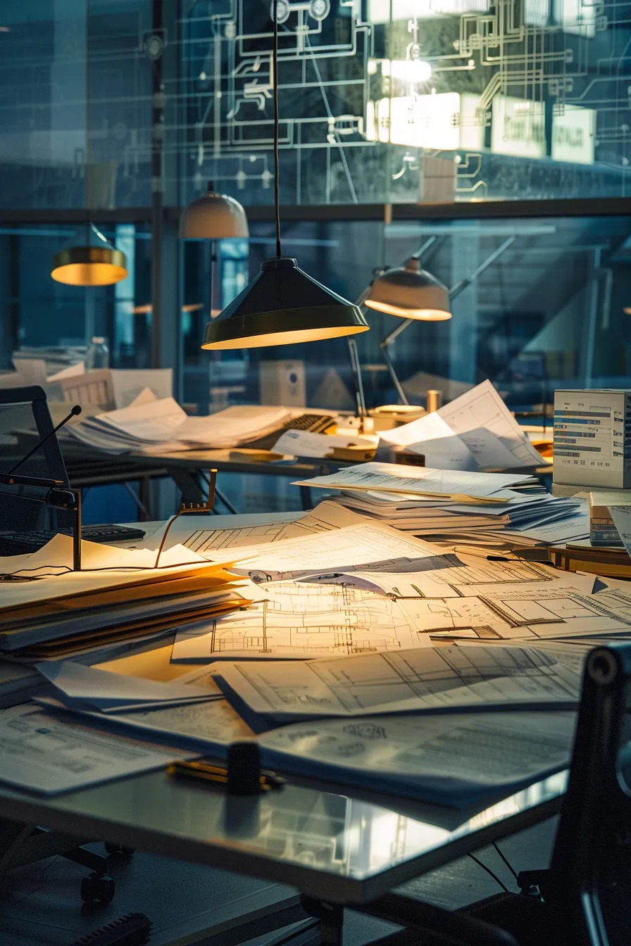 a meticulously detailed architectural office space showcases sleek blueprints and charts related to projected roof repair expenses for 2025, illuminated by soft natural light, highlighting the importance of understanding regional cost variances in a professional and polished environment.