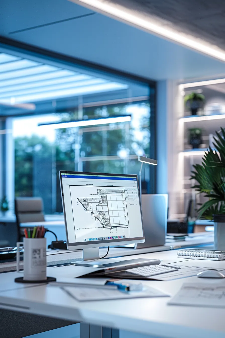 a modern office setting showcases a detailed architectural rendering on a sleek desk, featuring a blueprint of a roof with highlighted sections for common issues such as leaks and shingle damage, illuminated by soft, professional lighting against a clean blue and white color palette.