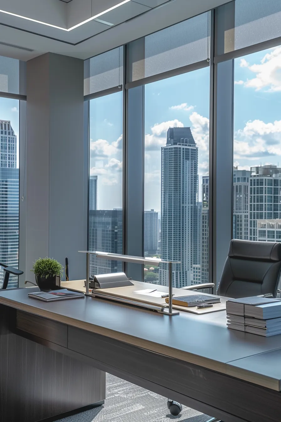 a photorealistic architectural office setting features a well-organized desk with multiple detailed roofing quotes displayed, complemented by a backdrop of a modern city skyline bathed in soft natural lighting, showcasing a clean color palette of blues, whites, and neutral tones.