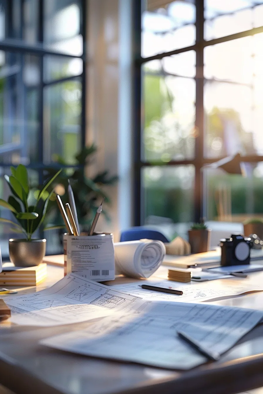 a photorealistic architectural scene showcases a sleek, modern roofing office with an organized workspace featuring detailed blueprints and professional tools, illuminated by soft natural lighting that accentuates the clean color palette of blues and whites, embodying the meticulous attention to detail in roofing labor costs and inspections.