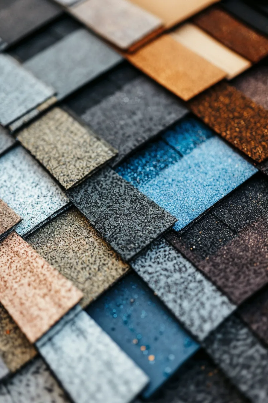 a photorealistic architectural close-up of various roofing materials displaying detailed textures and repair costs, set on a sleek urban rooftop with soft natural lighting and a clean color palette of blues and neutrals, emphasizing material diversity in home renovation.