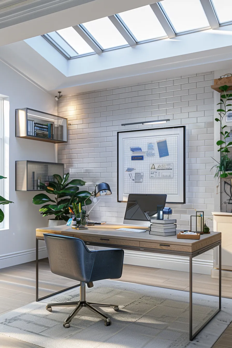 a photorealistic interior of a stylish home office showcases a digitally rendered whiteboard filled with clear seasonal roof maintenance tips, complemented by sleek architectural elements and a clean color palette of blues, whites, and neutral tones, highlighted by soft, even lighting for a professional atmosphere.