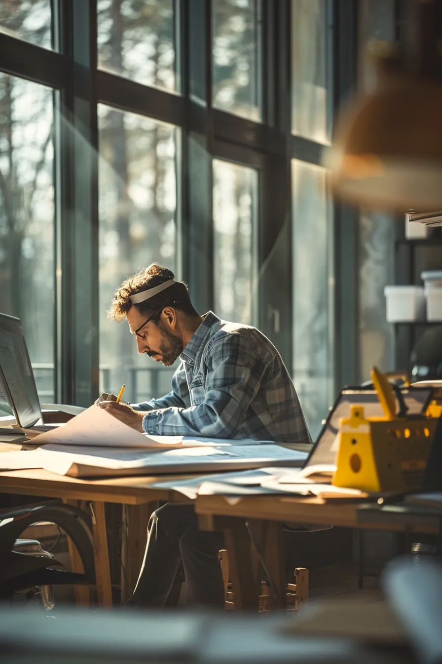 a professional roofer examines a detailed contract on a sleek office desk, surrounded by architectural plans and modern tools, illuminated by soft, natural light filtering through a large window, emphasizing clarity and professionalism in the roofing selection process.