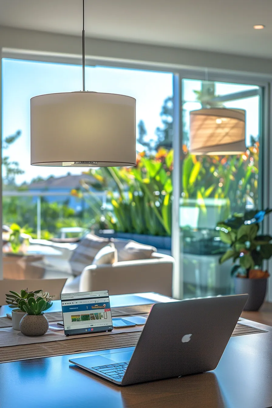 a sleek, modern home office features a laptop displaying a sophisticated matching platform interface for roof maintenance services, with a light and airy ambiance created by soft natural lighting, and a color palette of calming blues and whites, enhancing the focus on the seamless connection between homeowners and roofing professionals.