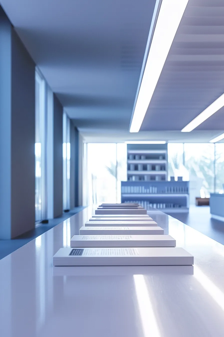 a sleek, modern office space showcases a detailed array of roof repair materials displayed on a clean white surface, illuminated by soft, diffused lighting that enhances the crisp focus and technical illustration of each product in a harmonious blue and neutral color palette.