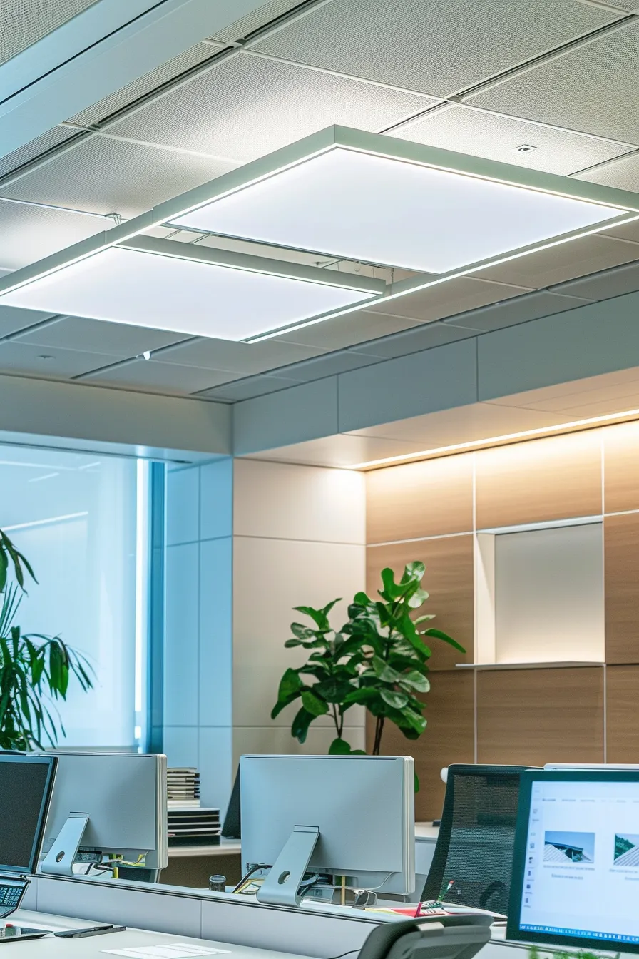 a sophisticated office setting showcases a well-organized workspace featuring neatly arranged portfolios of roof repair projects, alongside a computer displaying positive customer testimonials, all illuminated by soft, natural lighting that enhances a clean color palette of blues and whites.