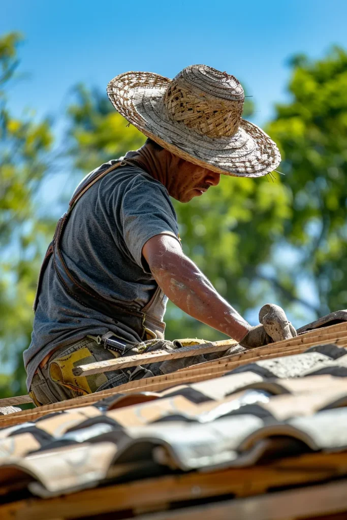 Latino man wearing large straw sun hat performing roofing work on top of a roof