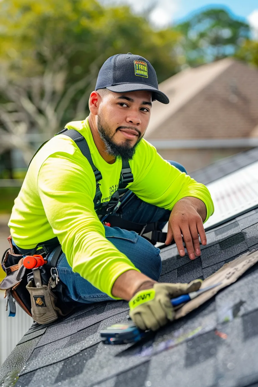 Clean cut latino male roofer, wearing roofing clothing, a roof titan company issued long sleeve, high viz neon green shirt with our roof titan logo on it, using modern roofing tools to perform a commercial flat roof repairroof repair