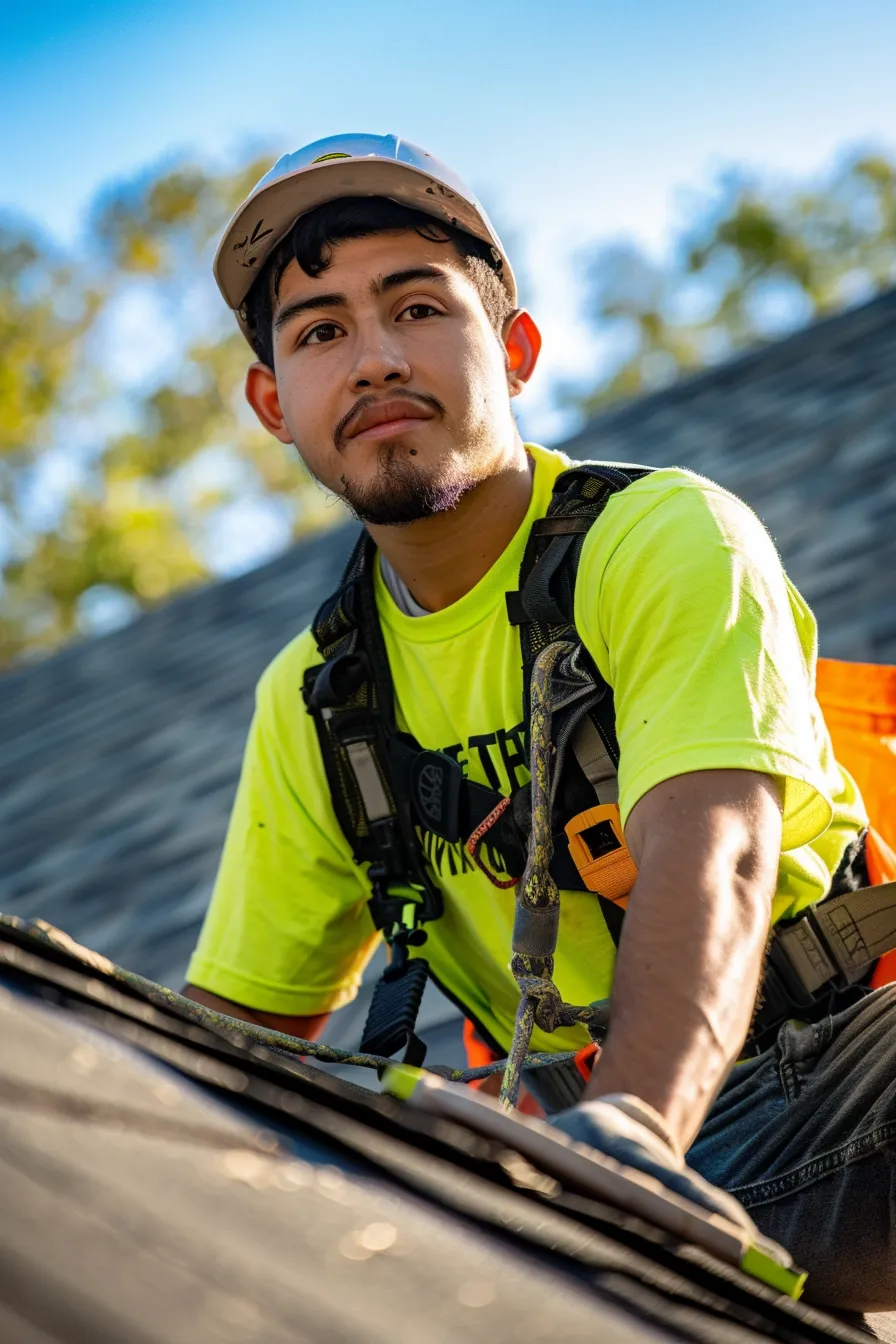 Clean cut latino male roofer, wearing roofing clothing, a roof titan company issued long sleeve, high viz neon green shirt with our roof titan logo on it, using modern roofing tools to perform a roof repair