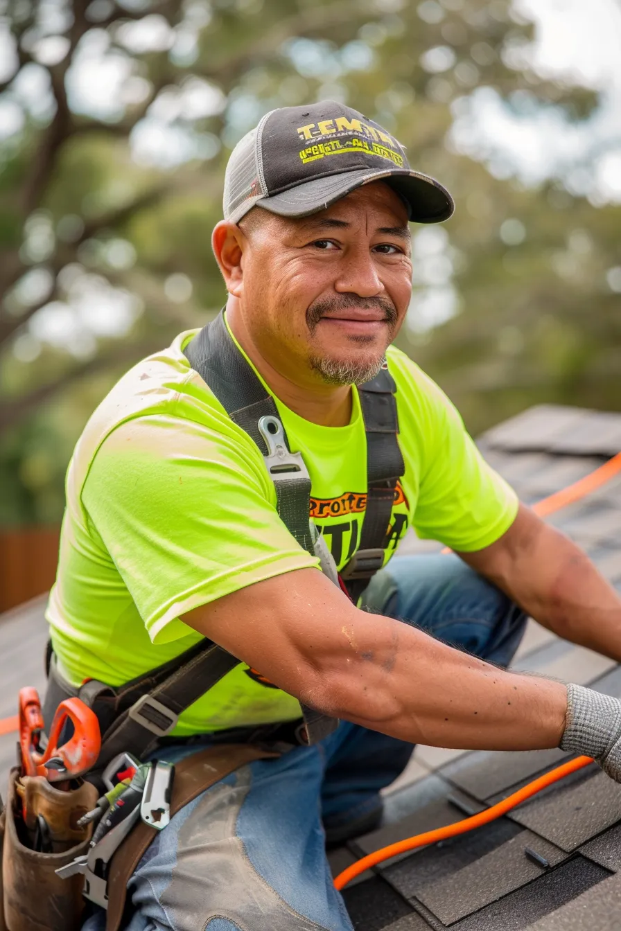 Clean cut latino male roofer, wearing roofing clothing, a roof titan company issued long sleeve, high viz neon green shirt with our roof titan logo on it, using modern roofing tools to perform a roof repair
