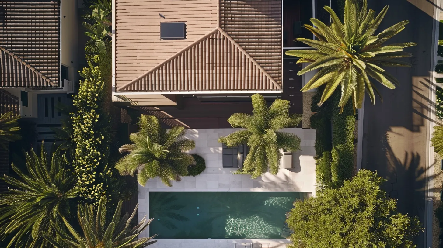 modern home, palm trees and beautiful landscaping, with shingle roof. Wide shot, from above looking down about 45 degrees to highlight the amazing roof