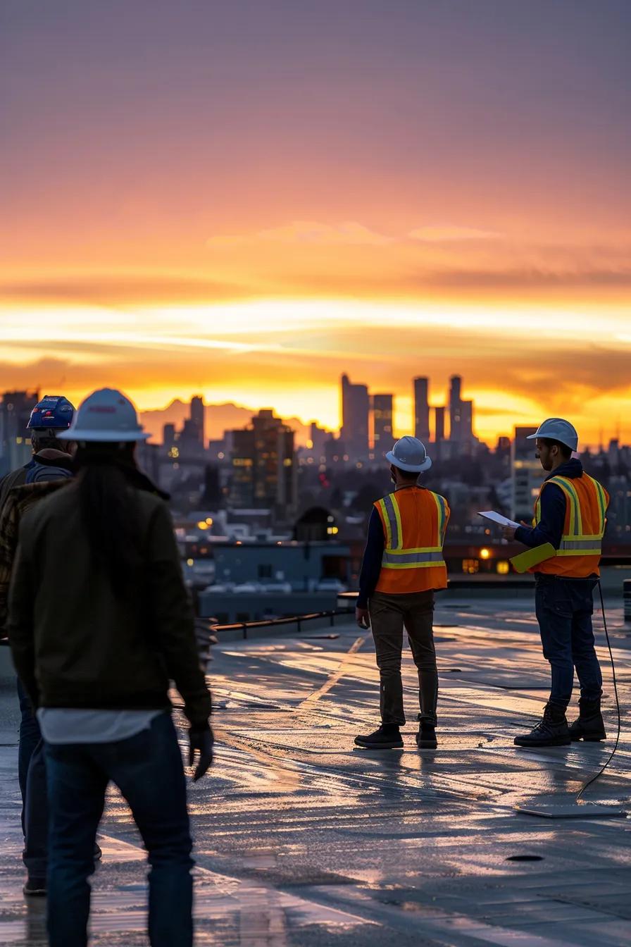 a bustling urban rooftop setting showcases a diverse team of roofing professionals reviewing detailed plans and materials, with a city skyline in the background, emphasizing the complexities and costs associated with roof repair in metropolitan areas.