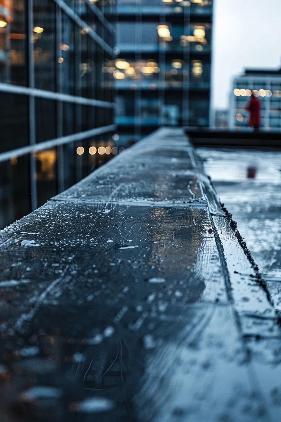 a close-up view of a skilled contractor applying flexible asphalt roof repair material on a low-slope commercial building, showcasing the thick, glossy texture and rich black color against the starkness of the urban rooftop setting.