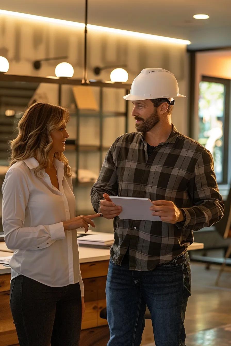 a confident roofing professional stands in a well-lit office, reviewing detailed estimates and project plans on a sleek digital tablet, alongside a satisfied homeowner engaged in a collaborative discussion.