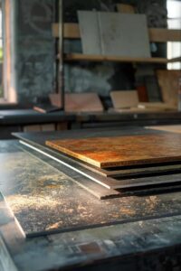 a dynamic, side-by-side display of asphalt and metal roof repair materials, vividly showcased on a sleek, modern workbench in a well-lit industrial workshop, highlighting their contrasting textures and colors for a clear comparison.