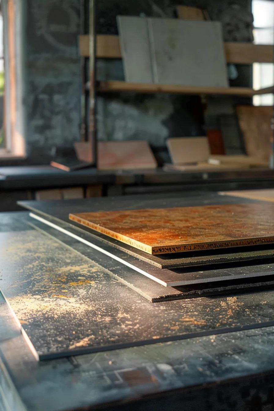 a dynamic, side-by-side display of asphalt and metal roof repair materials, vividly showcased on a sleek, modern workbench in a well-lit industrial workshop, highlighting their contrasting textures and colors for a clear comparison.