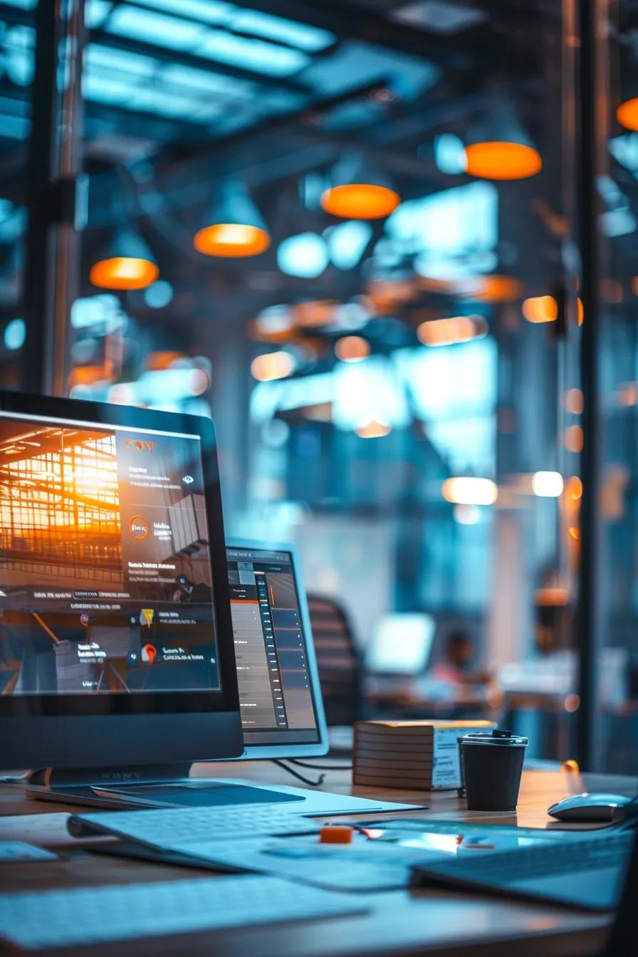 a focused urban office scene showcases a computer screen displaying an intuitive digital platform for locating roof repair services, with high-resolution images of local contractors and filters for customer reviews and ratings prominently featured.
