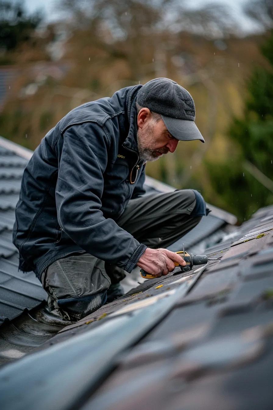 a meticulous roofing professional conducts a thorough inspection on a residential flat roof, surrounded by advanced diagnostic tools like infrared thermography equipment, showcasing both worn shingles and visible signs of potential water damage under artificial office lighting.
