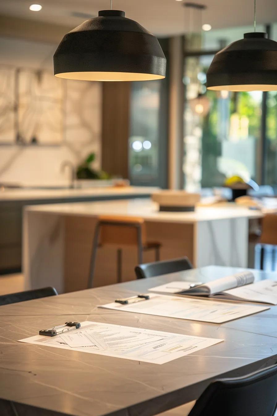 a modern office interior showcases a professional meeting between homeowners and contractors, with detailed proposals and materials spread out on a sleek conference table, emphasizing informed decision-making and transparent pricing in roofing estimates.