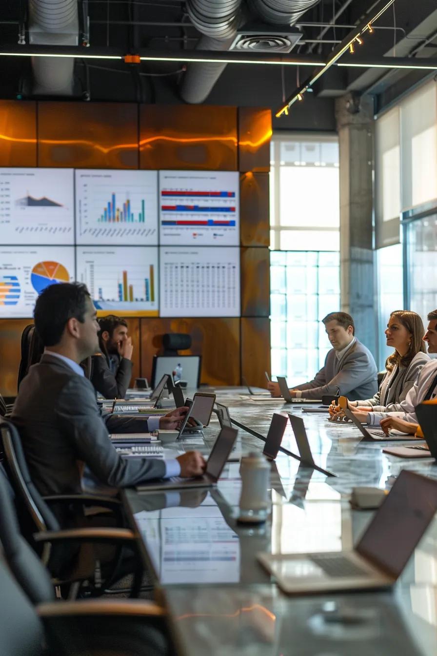 a modern office meeting room is set up for a detailed presentation, featuring a sleek conference table surrounded by professionals analyzing charts and material samples for roof repair options while focusing on a large screen displaying comparative data on costs and installation quality.