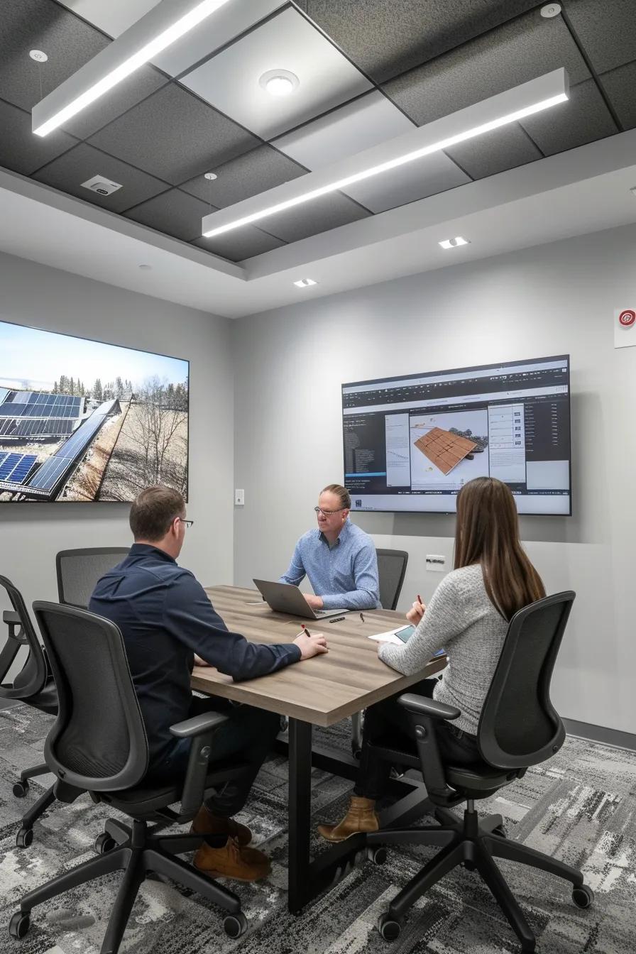 a modern office setting showcases a professional meeting where a knowledgeable contractor presents a portfolio of roof repair projects, complete with before-and-after images and industry certifications highlighted on a sleek digital display.